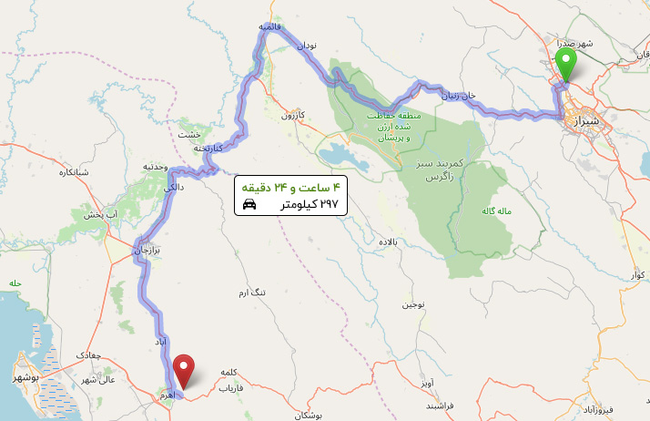 فاصله شیراز تا بوشهر