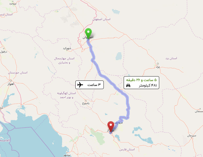 فاصله اصفهان تا شیراز