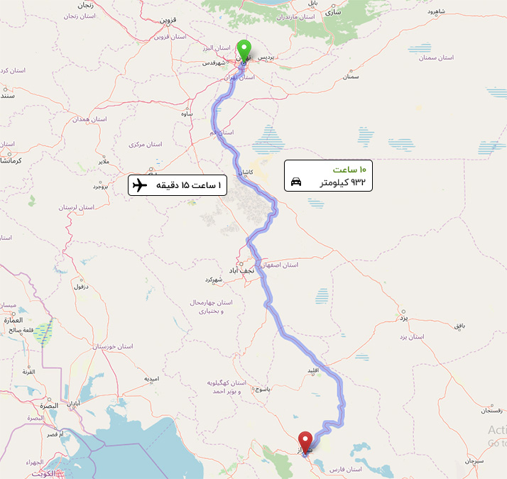 فاصله تهران تا شیراز 