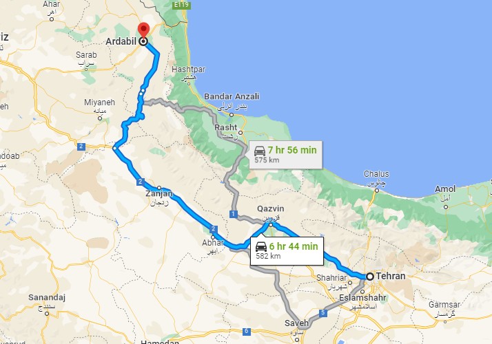 فاصله تهران تا اردبیل