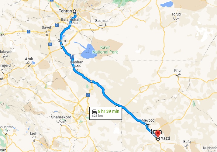 فاصله تهران تا یزد با خودرو شخصی